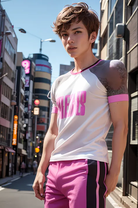 3d, 1boy, looking at viewer, cute, pink clothing, heterochromia, tokyo, neons, muscular, mullet, tattoo, 8k, best defenition, painted nails, ireland