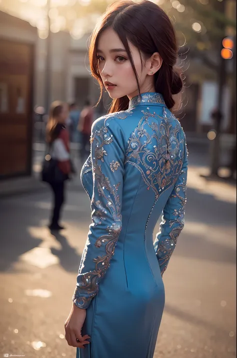 a beautiful girl in vintage colors aodai , masterpiece, best quality, realistic:1.3, street, cyberpunk, sunlight, backlighting, ...