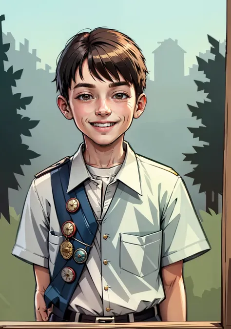 boy scout, scout dress, smiling, looking forward, pose for photo, in nature, white shirt,