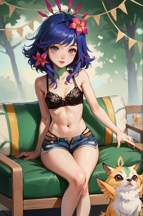 ((Cinematic light, Best quality, 8k, Masterpiece :1.3)), 1girl, Beautiful woman smiling with thin abs :1.4, (purple hair, small breasts :1.3), jean shorts, bra :1.2, hopefully falling off, seductive open lips, sofa, ultra-detailed face, detailed eyes, doub...
