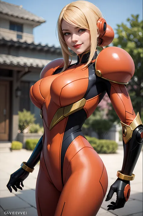 metroid suit, woman in hot insect shell, guyver style, bewitching, evil smile, scaraber reploid, bellows tail, cel shade adult a...