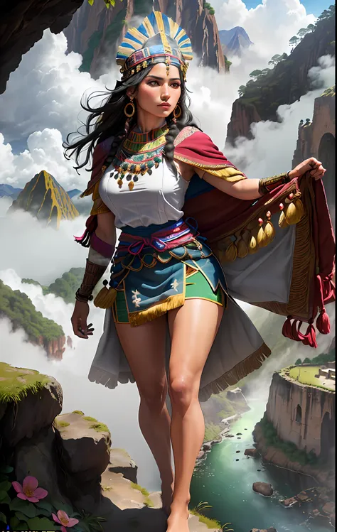 ((realistic: 1.5)),((best quality)), ((masterpiece)),((detailed)), (1 inca woman in inca costume with red blue white and pink co...