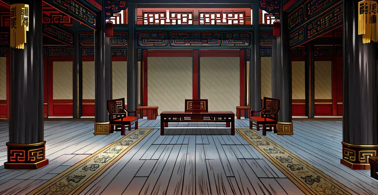 interior scene of the ancient chinese imperial palace hall, chairs