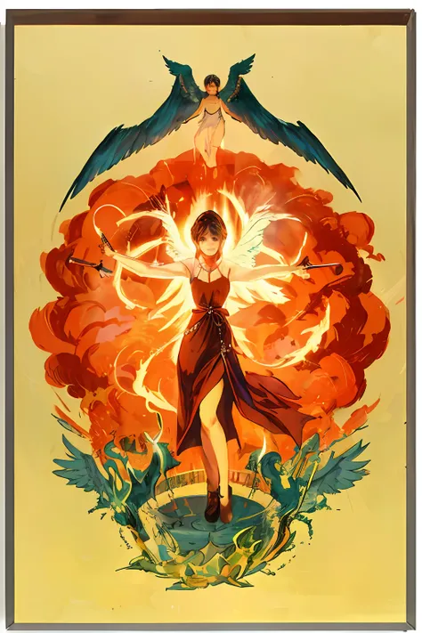 (((high quality))), artwork, amazing illustration, with magical powers in the hands,(1 angel), blue wings, explosion, mystical environment.