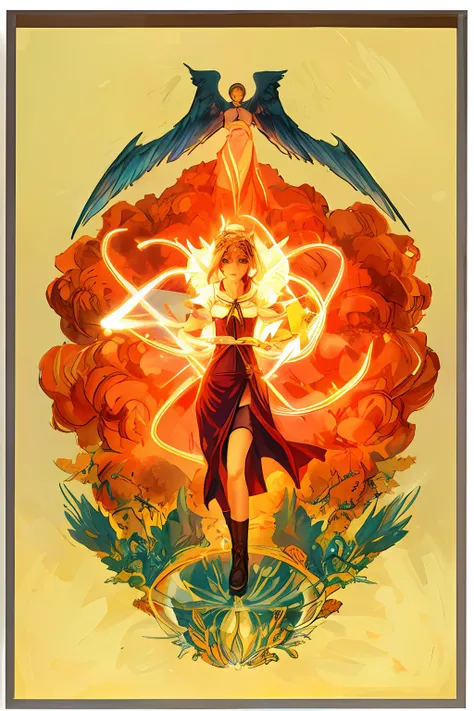 (((high quality))), artwork, amazing illustration, with magical powers in the hands,(1 angel), blue wings, explosion, mystical environment.