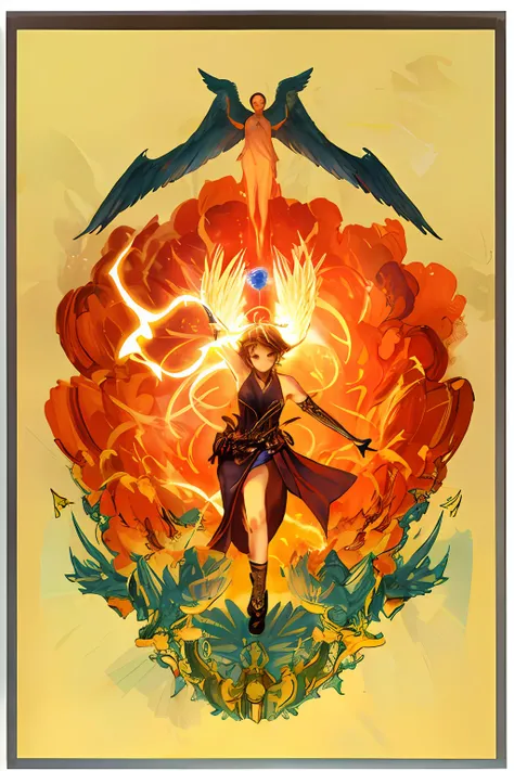 (((high quality))), artwork, amazing illustration, with magical powers in the hands,(1 angel), blue wings, explosion, mystical environment.