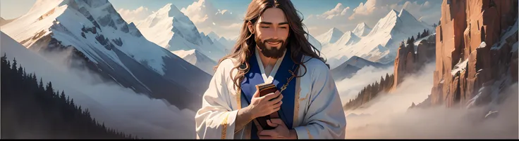 jesus, portrait, soft light, a man with long brown hair and beard, wearing a white robe and a blue sash, holding a bible in his ...