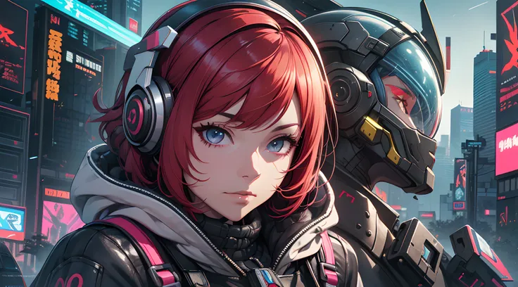 a close up of a person with red hair and a helmet, cyberpunk anime girl mech, digital cyberpunk anime art, female cyberpunk anim...