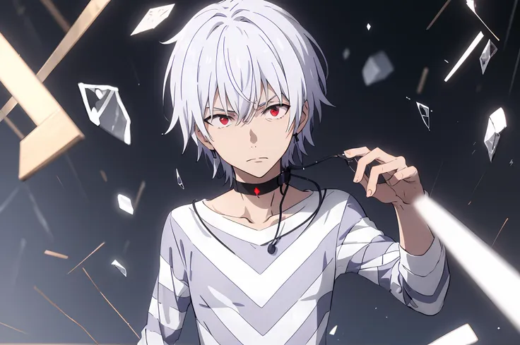 pha accelerator, 1boy, (red eyes:1.4),  accelerator (toaru majutsu no index), constricted pupils, white hair, shirt, solo, choke...