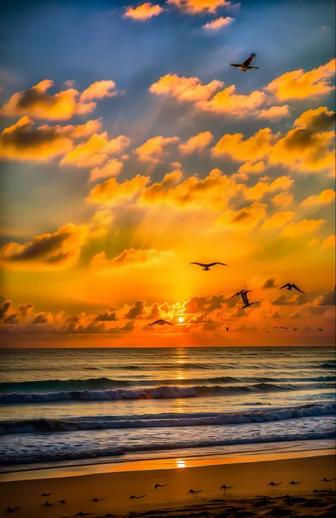 an absolutely mesmerizing sunset over the beach, with a mix of oranges, pinks and yellows filling the sky. crystal clear waters ...