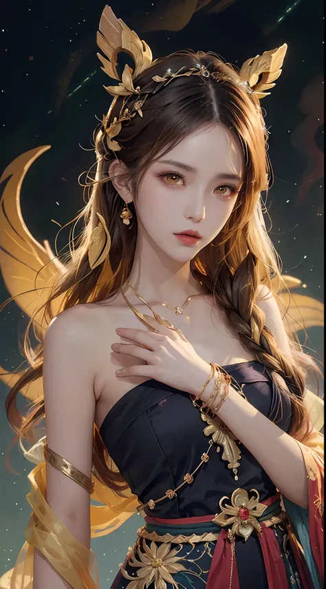 A 27-year-old girl holding an ancient pixie in her hand, a zodiac goddess from the future with a pixie, the goddess of the 12 zodiac signs of pink and purple, the goddess of the 12 zodiac signs in yellow ao dai, Ao Dai 12 zodiac with many details in black ...