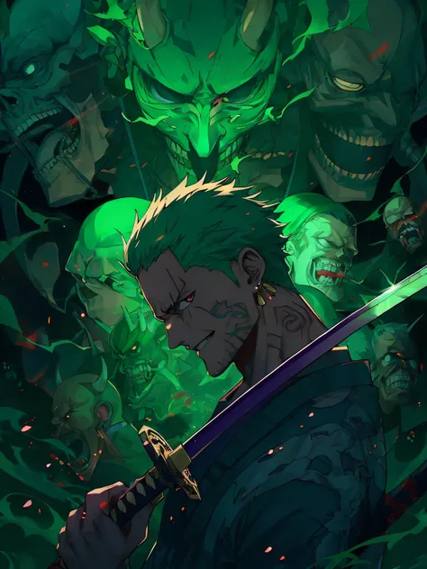 anime character with green hair holding a sword surrounded by skulls, roronoa zoro, badass anime 8 k, anime epic artwork, demon ...