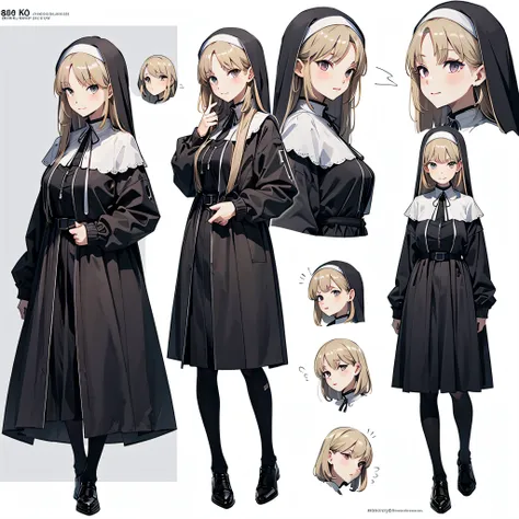 reference sheet by veiled young nun, character design, full-body, front view, face at viewer, white background paper, light smil...