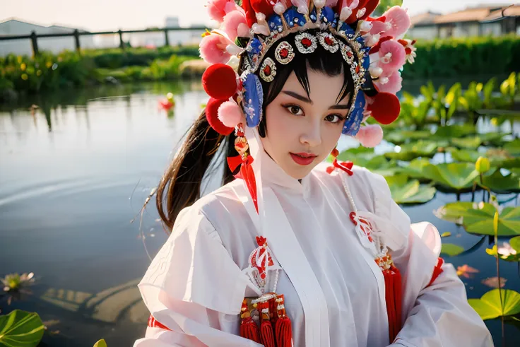 close-up, a beauty in chinese peking opera costume floating on a lotus pond, 16k, best quality, bokeh, soft light, space, crysta...