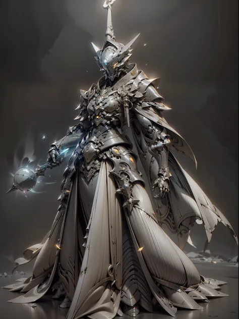 Ghost armor holding huge ice wand, male mage, ice blue armor all over, super cool ghost mage, wearing ice blue cloak, huge staff, glowing magic ball, magic pose, tall, glowing eyes, with mask, tall figure, perfect body proportions, looking up, super detail...