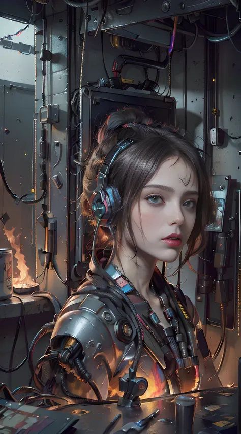 (masterpiece, best quality, highres, absurdres, detailed:1.2), humanoid, robot, wearing headphones, looking away, (cyberpunk, ar...