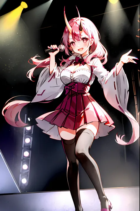 Shuna, (horn) 1girl, solo, idol dress, akb48 costume, grab mic, singing style, black thighhighs, breasts, cleavage, pleated skirt, hair between eyes, long hair, looking at viewer, messy hair,  pink hair, pink short nails, solo, thighhighs, thighs, long hai...