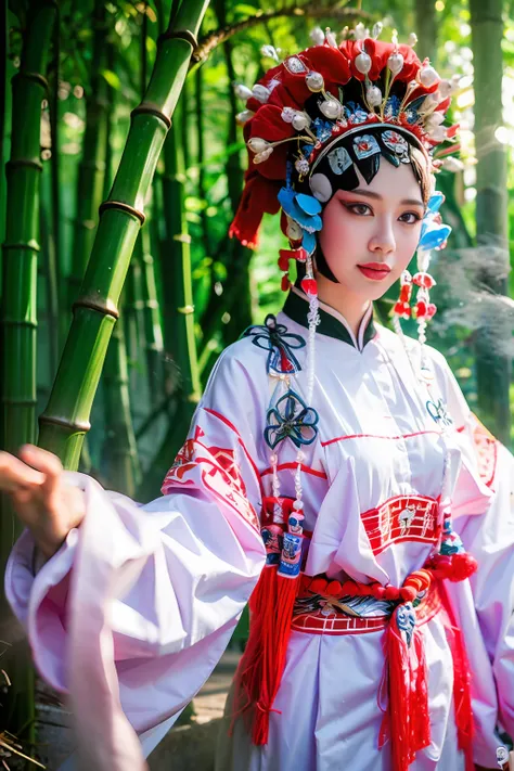 A beauty in Chinese Peking Opera costume standing in bamboo forest, 16k, best quality, bokeh, soft light, space, crystal clear, natural light, white mist, bamboo forest, super detail