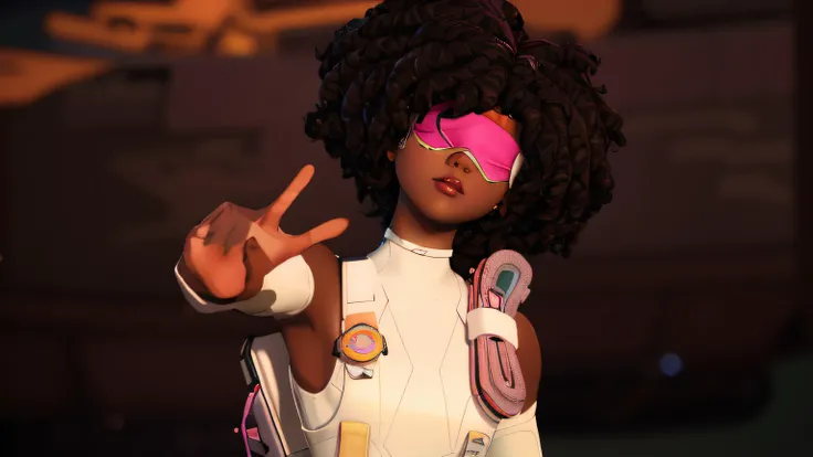 there is a woman with a pink blindfold and a pink mask, afro futurism, afro futuristic, afrofuturism anime, afro - futurist style, close up character, youthful taliyah, afrofuturism, afrofuturism style, character close up, sojourn from overwatch, fortnite ...
