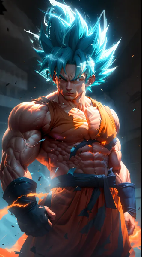 goku super saiyan, adult man with extremely muscular neon blue hair, defined muscles full of veins, dark orange colored clothing...