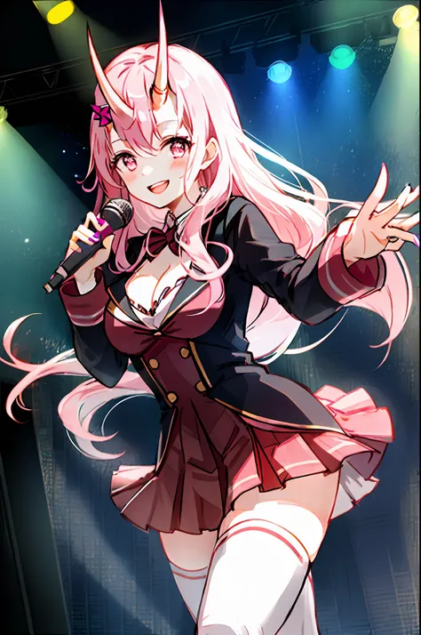 Shuna, ((horn)),  (2 white horn), 1girl, solo, idol dress, akb48 costume, grab mic, singing style, black thighhighs, breasts, cleavage, pleated skirt, hair between eyes, long hair, looking at viewer, messy hair,  pink hair, pink short nails, solo, thighhig...