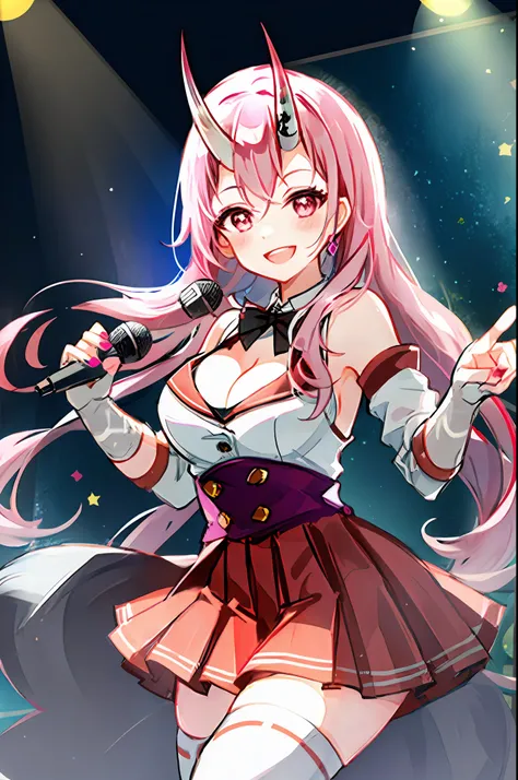 Shuna, ((horn)),  (2 white horn), 1girl, solo, idol dress, akb48 costume, grab mic, singing style, black thighhighs, breasts, cleavage, pleated skirt, hair between eyes, long hair, looking at viewer, messy hair,  pink hair, pink short nails, solo, thighhig...