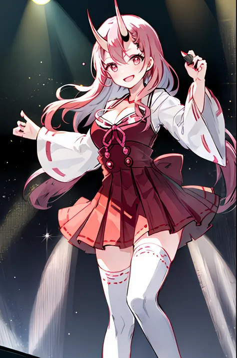 Shuna, ((horn)),  (2 white horn), 1girl, solo, idol dress, akb48 costume, grab mic, singing style, black thighhighs, breasts, cleavage, pleated skirt, hair between eyes, long hair, looking at viewer, messy hair,  pink hair, pink short nails, solo, thighhig...