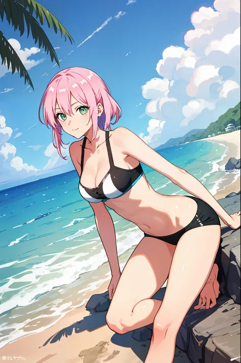 shikimori, medium breast, slim legs, sunny day, Beach, leaning, beautiful eyes, green eyes, nervous