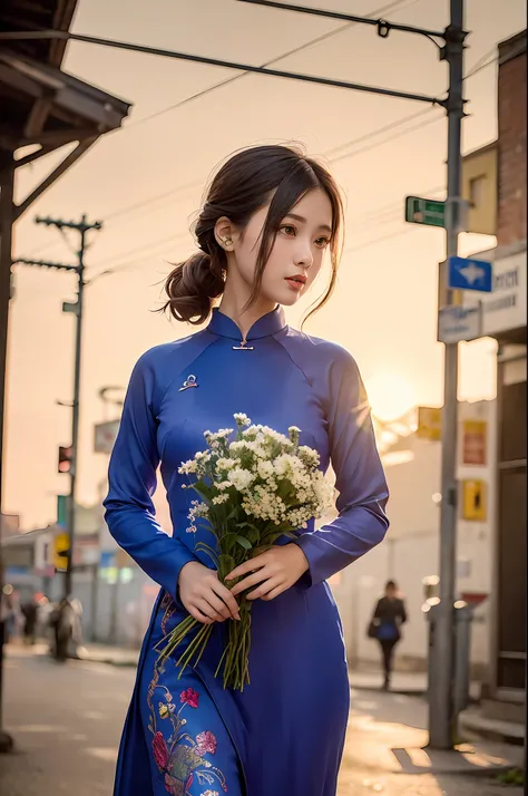 a beautiful girl in vintage colors aodai , masterpiece, best quality, realistic:1.3, street, cyberpunk, holding bundle of adubon...