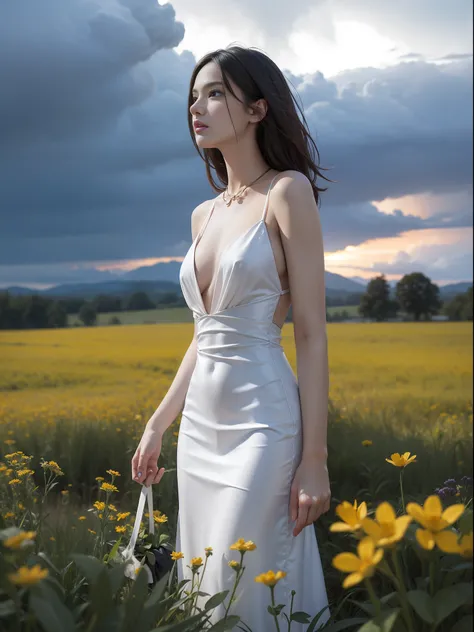 Experience a striking scene with a high fashion model draped in vibrant Gucci, standing tall amidst a wildflower meadow under a stormy sky. This half-body shot for Harpers Bazaar by Alessandra Sanguinetti paints a powerful image of beauty thriving amidst c...