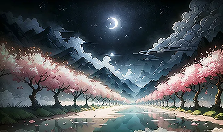 ancient Japan landscape, mountain, river, cherry blossom, auspicious clouds, magnificent structure, moonlight, white background, masterpiece, super detail, magnificent composition, ultra hd, high quality, highly detailed, official art, unified 8k wallpaper...