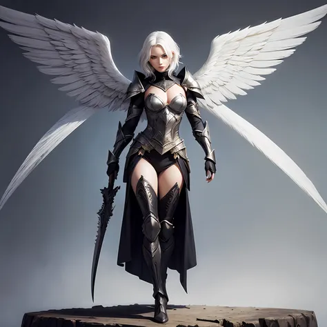 Short white hair, wearing armor, fantasy armor, magic figure, angel wings, archangel, female model, female character, death scythe, fantasy female armor, perfect curve, beauty, mythological character, angel, bible