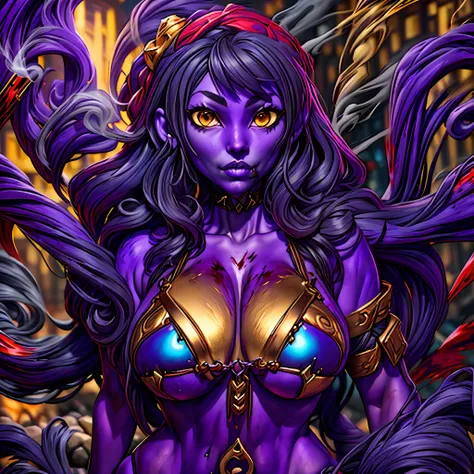 (((Nocturne Cosplay Girl)))), Talia Wagner, (raziel girl), ((plump (purple skin)), extreme long (black|silver) hair, extreme ((black|silver) hair), (gold eyes), ((scarlet (micro bikini)) with (blood) details), cobblestone in background, smoke in background...