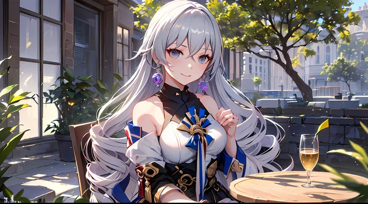 ((bronya, silver hair:1.1, long hair:0.9, drill hair:1.1, medium breast, intricate formal uniform:0.9, long uniform skirt, elegant smile, sad eyes)), sitting on chair, in the middle of garden, near table, realistic proportion.