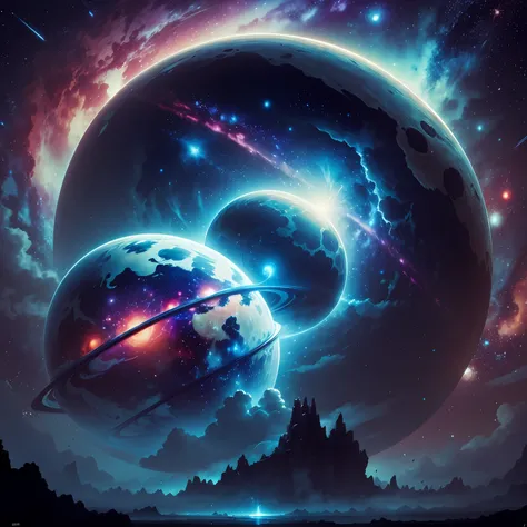 Starry sky, planets, deep blue, futuristic, cinematic lighting, comfortably curled up in my arms