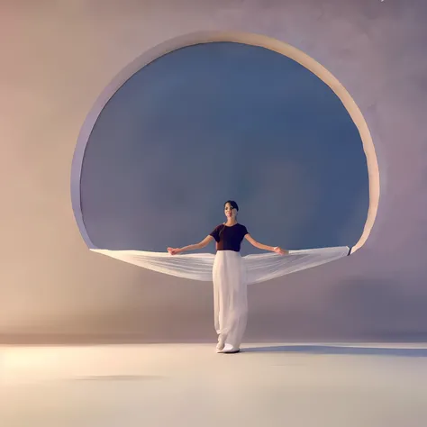 Young woman in black dress standing in a white room with a window with a sky view in the background and a circular window inspired by Anna Hussli, still on screen and silk, editorial and advertising photos, ethereal sheer translucent fabric, Japan woman st...