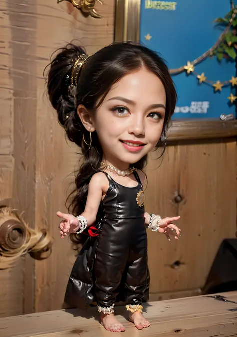 ((bobble head, big head, small body, mini body), (mature actress, forced smile), stretched neck, looking at viewer, natural skin, hands up, posing by the wall, barefoot),shiny eyes, eyelashes, long hair, full body, dramatic situation, (best quality, master...