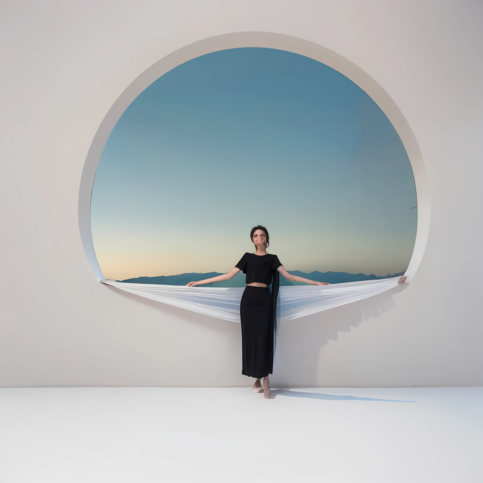 årafed woman in black dress standing in a white room with circular window inspired by anna hussli, with gradient sky and distant...