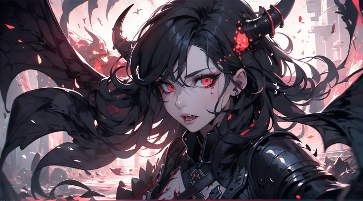 Unbeatable masterpiece, ultra-realistic 8k CG, perfect artwork, intricate details, best quality, ACQA, faded light, high contrast, dynamic angle, devil, devil, female, armor, demon horn, blood, vampire, void flame hand in hand, high resolution, super detai...
