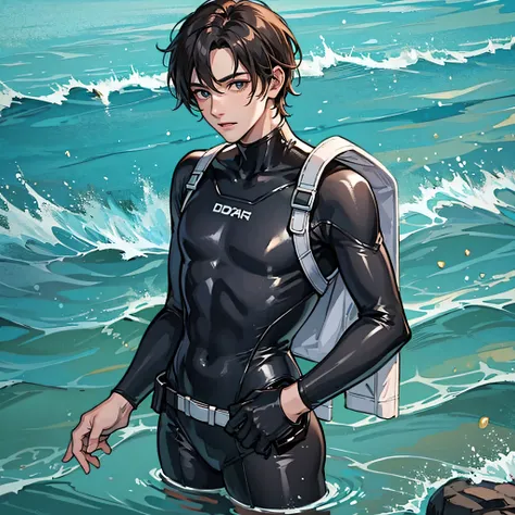 A young man in a wetsuit, by the sea
