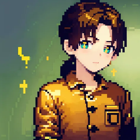 young boy, reddish brown hair, the shirt has yellow buttons., smooth hair, portrait, ponytail, peaceful, green eyes.