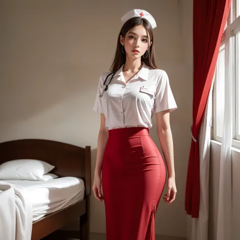 infirmary, curtains, 1girl, masterpiece, best quality, highly detailed, she is wearing a white blouse and red long skirt. (((she...