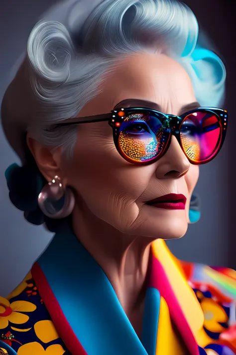 (portrait fashionista american woman with 90 years, 1950s with intricate colorful modern bright vintage colored glasses), hair w...