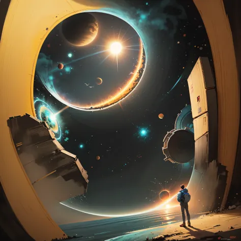 a man standing in front of a space portal with a view of the sun, cyril rolando and goro fujita, portal to another universe, ins...