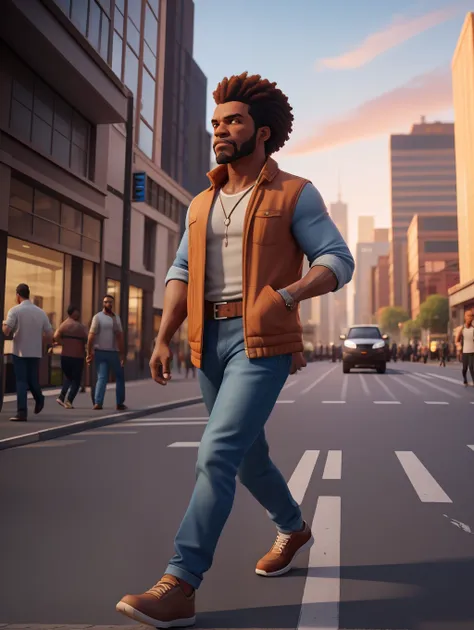 a waist high potrait of a handsome afro-american middle age manly character well built, wearing casual clothes, walking on a bus...