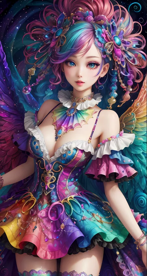 this artwork should be colorful and evoke feelings of euphoria and ecstasy. generate a beautiful fantasy woman with an interesting and dynamic manic expression. the woman is dressed in the style of harajuku decora fashion. there are many intricate and high...
