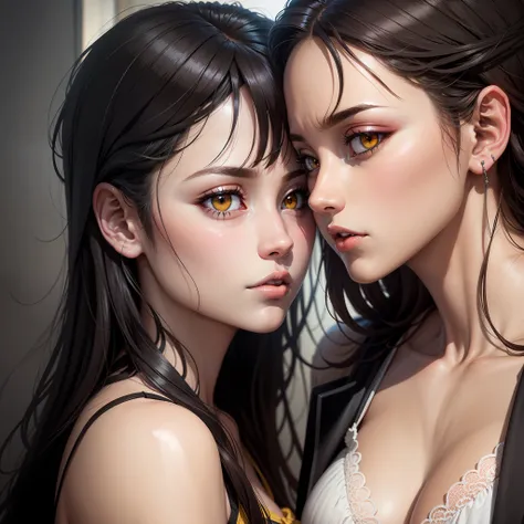 Dramatic, high quality realistic Anime style, high definition, high detail, high detail, Create a scene between a couple, with passion, black hair, yellow eyes,