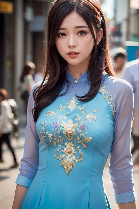 a beautiful girl in vintage colors aodai , masterpiece, best quality, realistic:1.3, street, cyberpunk, sunlight, backlighting, ...