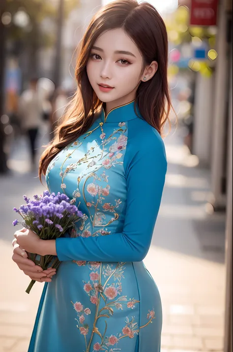 a beautiful girl in vintage colors aodai , masterpiece, best quality, realistic:1.3, street, holding bundle of flowers, sunlight...