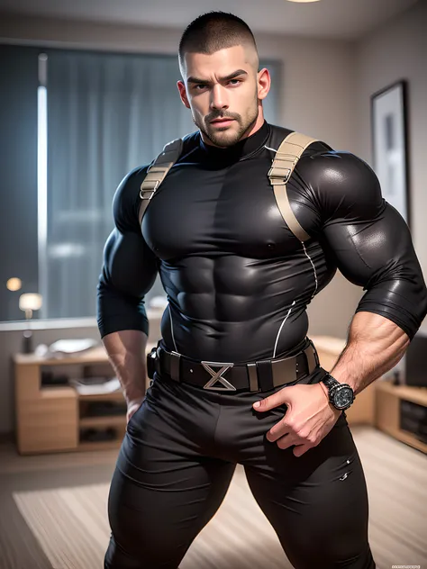 character design (open mouth muscle special forces, buzz cut, tough guy) wearing a long-sleeved dark black high-neck stretch tig...